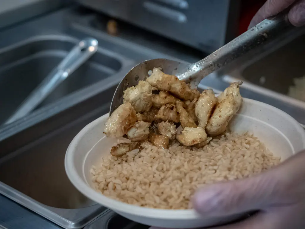 Freshly grilled chicken souvlaki spooned over brown rice