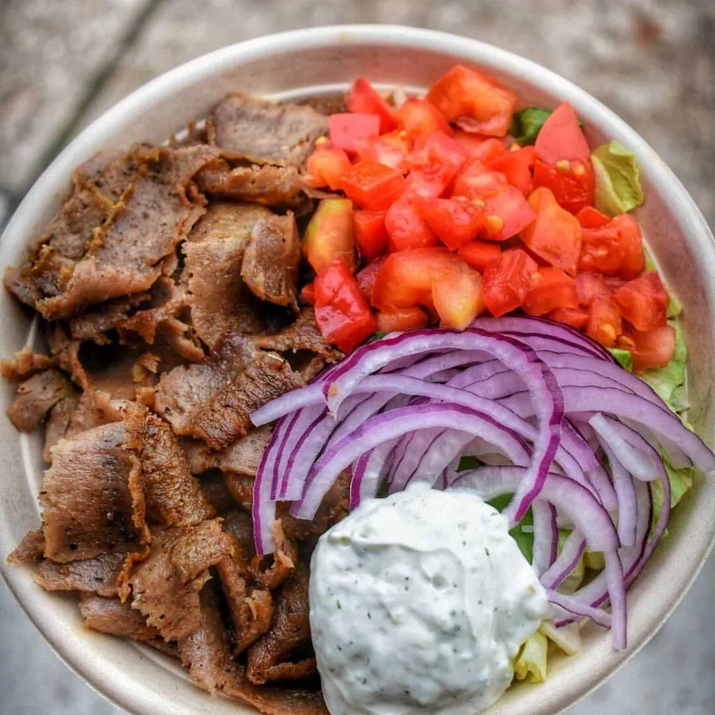 ‘OG’ Bowl with beef and lamb gyro, tomato, red onion and tzatziki
