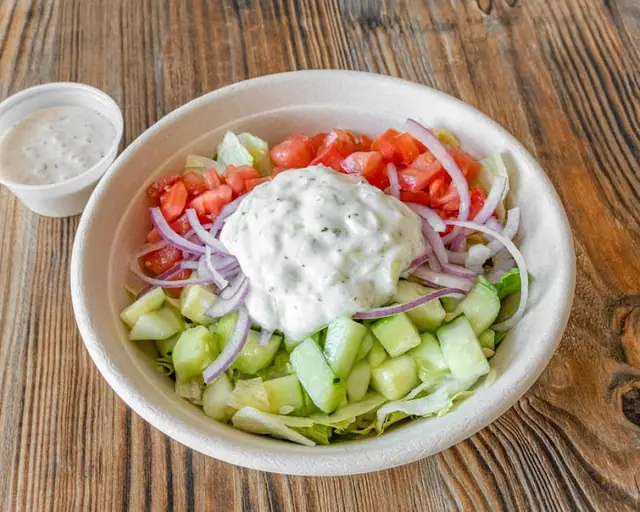 Pita Salad with lettuce, tomato, cucumber, red onion and a scoop of tzatziki