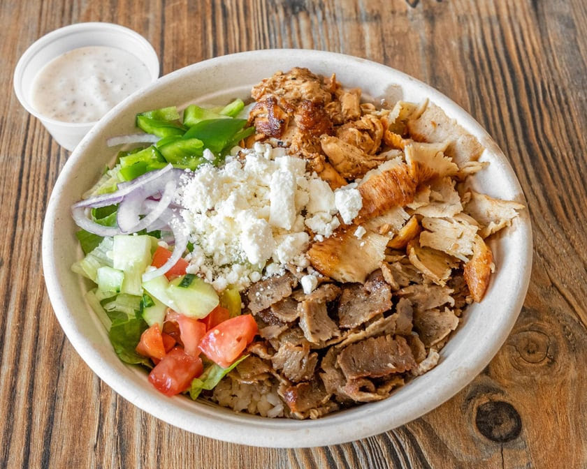 Pita Bowl beef lamb and chicken bowl.