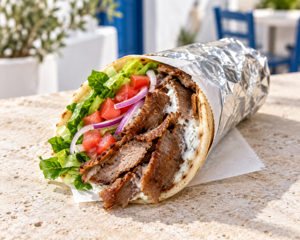 Pita Bowl beef lamb gyro Greek background.